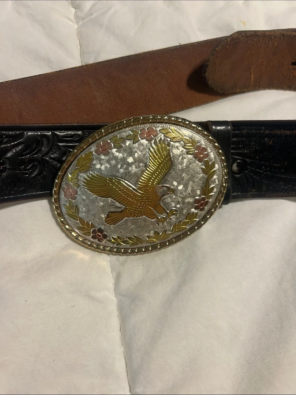 Western Eagle Leather Belt with Gold-Tone Buckle